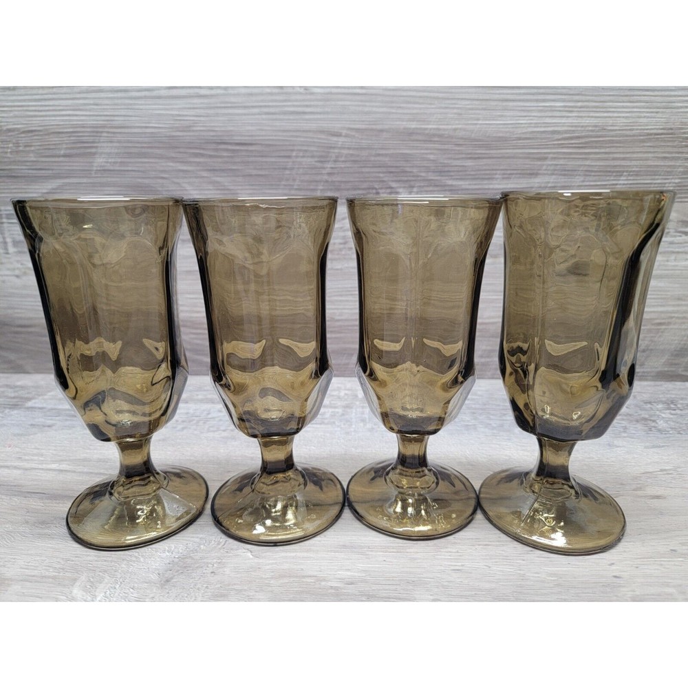 MCM Duz Crystal BROWN TAWNY Accent PANEL DESIGN Glass Ftd WATER GOBLETS Set of 4
